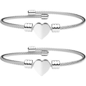 Harlorki Pack of 2 Unique Design Adjustable Stainless Steel Love Heart Charm Tennis Bracelet Shiny Crystal Sparkling Wrist Bangle Cuff for Women Lady Men