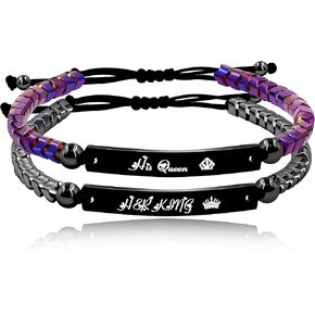 Handmade Gear Shape Hematite Beads Custom Engraved Name Bracelets for Men Women Couples Y1458 (BlackHerKing-PurpleHisQueen)