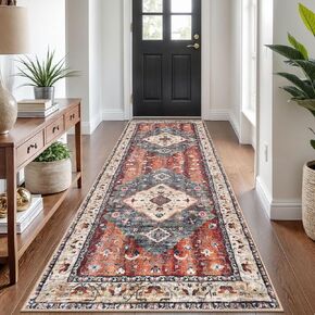 KOZYFLY Runners for Hallways 3x8 Ft Washable Kitchen Runner Rug Boho Runner Rug for Entryway Indoor Rust Orange Printed Oriental Faux Wool Floor Carpet Runner for Bedroom Kitchen Hall