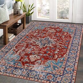 GlowSol Runner Rug 2x6 Oriental Distressed Hallway Rug Vintage Area Rug Low-Pile Non-Slip Washable Thin Rug Foldable Accent Rug for Kitchen Bedroom Living Room, Rust/Navy