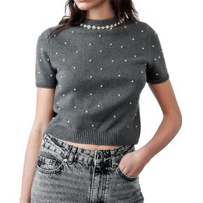 LifeShe Women's Short Sleeve Pearls Sweater Casual Crew Neck Crop Rhinestones Knit Pullover Sweaters