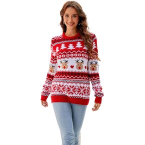 Women Ugly Christmas Sweater Adult Funny Reindeer Long Sleeve Double Layer Knitted Xmas Pullover Sweater S-2XL