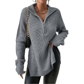 SOLY HUX Women's Long Sleeve Half Zip Sweater Ribbed Knit Drop Shoulder Slit Pullover Jumper Tops