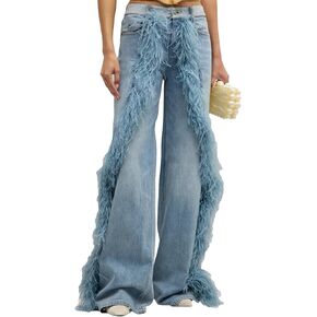 DINGANG Women's Casual High Waisted Straight Leg Jeans Feather-Trim Denim Baggy Stretchy Trousers Pants