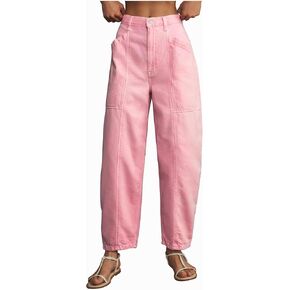 Women's Pink Barrel Jeans High Rise Wide Leg Tapered Jeans Baggy Boyfriend Pants with Pockets
