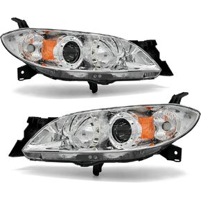 Headlights Assembly fit for 2004-2009 Mazda 3 Sedan Headlamp Replacement for 04-09 Mazda 3 Sedan 4Dr Projector Chrome Housing Amber Reflector Left and Right Pair