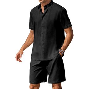 COOFANDY Men's 2 Piece Linen Set Casual Band Collar Shirt and Shorts Beach Sets