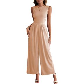 HELYO Women's One Piece Outfit Jumpsuits Dressy Casual Outfits Sleeveless Mock Neck Wide Leg Pants Rompers with Pockets S79