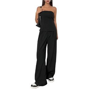 Floerns Women's 2 Piece Outfits Matching Set Strapless Tube Top and Wide Leg Pants