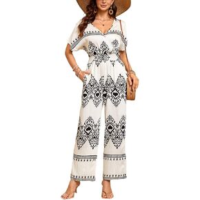 Women's Floral Jumpsuit Boho Jumpsuit Floating Short Sleeve V-Neck Elasticized Drawstring Jumpsuit with Pockets