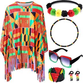 Hicarer 7 Pcs Women African Printed Poncho Costume Black History Month Accessories Set Jamaican Outfits Jewelry