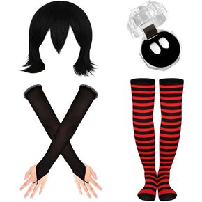 4 Pcs Halloween Vampire Costume for Women Include Wig Black and Red Socks Fingerless Gloves and Vampire Dentures for Movie Party Dress Up