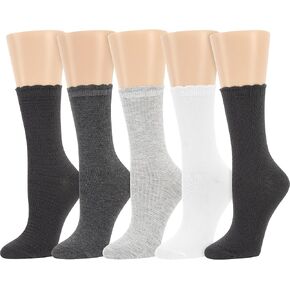Dearfoams Ladies 5 Pair Pack Everyday Super Soft Ultimate Comfort Multicolor Assorted Easy Care Scallop Edge Crew Socks