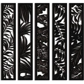 5 Pieces Wooden Wall Art Hollow Wall Decor Wood Wall Accents Themed Wood Panels for Home Decorations Bedroom Living Room, 15.7 x 2.9 x 0.2 Inch (Black, Leaf)
