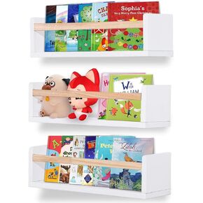 Nursery Book Shelves, Kids Wall Bookshelf, Baby Nursery Decor, Solid Wood Wall Mounted Shelves for Books, Toys and Decor Storage(Natural Wood) 24 Inch Set of 3