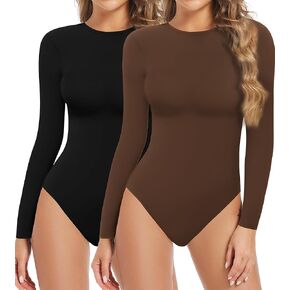 2 Pack Long Sleeve Bodysuits for Women Round Neck Casual Stretchy Basic Shirts Crew Neck Body Suits Tops