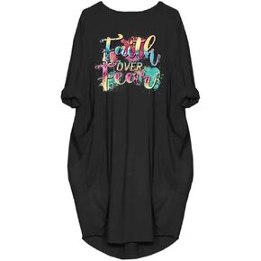 Faith Over Fear Color Letters Printed T-Shirt Causal Loose Dresses with Pockets for Women