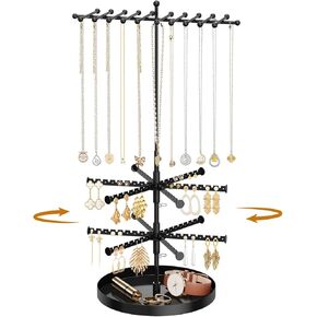 iDavosic.ly 4 Tier Rotating Earring Holder Organizer with Storage Tray, Adjustable Metal Necklace Display Stands Tree with 22 Hooks, Large Jewelry Rack Tower for 120 Pairs of Earrings (Black)