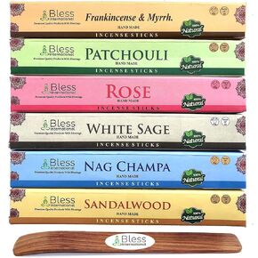 Bless-International-Frankincense-and-Myrrh-Patchouli-Rose-Sandalwood-Nag-Champa-White-Sage Natural-Handmade-Organic-for-Relaxation-Positivity-Yoga-Meditation 150-Sticks-25x6-Fragrances with Holder
