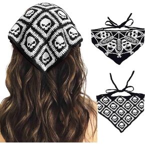 Acenail Black Skull Headbands Crochet Bandanas Headband Spider Gothic Head Scarf Halloween Hair Accessories for Women 2Pcs