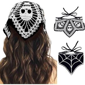 Acenail Black Skull Headbands Crochet Bandanas Headband Spider Gothic Head Scarf Halloween Hair Accessories for Women 2Pcs in Kuwait