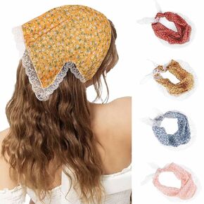 Acenail Boho Hair Bandanas Wide Floral Bandana Headbands Non Slip Tie Back Hair Scarfs Summer Lace Head Kerchief Headband Bohemian Head Wraps Fashion Hair Accessories for Women Girls 4Pcs (Daisy)
