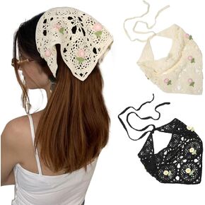 AWAYTR Crochet Bandana Head Kerchief Hair Scarf 2Pcs Knitted Scarves Tie Bcak Floral Headwrap for Women Girls (Flowers (White+Black))