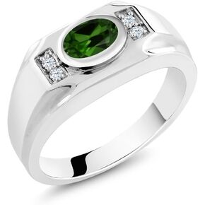 Gem Stone King Men's 925 Sterling Silver Green Simulated Emerald and White Created Sapphire Ring (2.26 Cttw, Gemstone Birthstone, Oval 8X6MM, Available In Size 7, 8, 9, 10, 11, 12, 13)