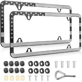RED WOLF American USA Flag License Plate Frame Stainless Steel Holder Front Rear Auto Tag US Stars & Stripes Slim Edge for Patriotic, 4 Holes Mount W/Screw Accessories Caps 2 PCS