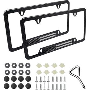 RED WOLF Carbon Fiber USA Flag License Plate Frame, Aluminum Alloy Car License Plate Tag Cover American Flag Fit for BMW Audi Toyota Ford, Anti-Rust w/Screws Caps for Patriotic Law Enforcement