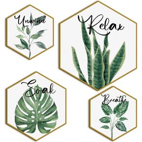 Hoteam Set of 4 Green Eucalyptus Bathroom Decor Botanical Wall Art Green and Gold Bathroom Decor Green Wall Art Green Bathroom Decor Relax Soak Unwind Breathe Bathroom Paintings Wall Decor