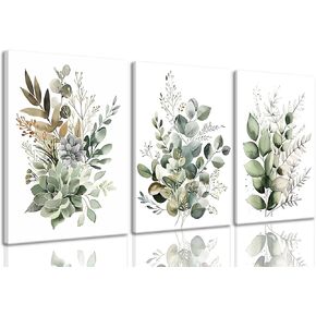 Bwodke Botanical Wall Art Plant Floral Watercolor Poster Canvas Prints Set of 3 Framed Sage Green Painting Eucalyptus Leaf Picture Modern Minimalist Home Decor Bedroom Bathroom Living Room