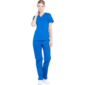 Women Scrubs Set Workwear Professionals WW665 V-Neck Top & WW170T Mid Rise Straight Leg Pull-on Cargo Pant, Royal- S Top/M Tall Pant