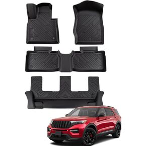 CarQiWireless Floor Mats for Ford Explorer 2025 2024 2023 2022 2021 2020 7 Passenger, All Weather TPE Full Set for Ford Explorer 2020-2024 2025 Accessories Cargo Liner for 1st & 2nd & 3rd Row