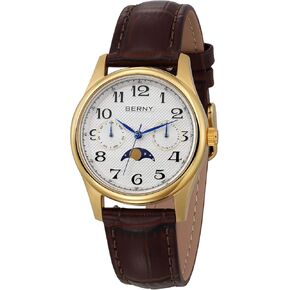 BERNY Gold Watch for Women Moon Phase Watches Ladies Quartz Wristwatch Easy Read Arabic Numerals Dial Multi-Function Analog Watches Stainless Steel Case Sub-dail with Date Day Calendar
