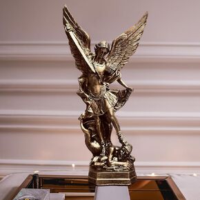 FAIRYVILLE San Miguel Arcangel Statue, St Michael Statue in Bronzed Resin, Saint Michael Statue of Heaven Defeating Lucifer, for Collection Figurines and Home Decoration
