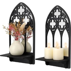 2 Set Gothic Candle Sconces Wall Decor, Arch Cathedral Frame Gothic Wall Sconce Candle Holder for Bedroom, Bathroom, Dining Room, Living Room, Black
