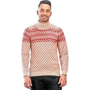 Men’s Turtleneck Sweater for Christmas Season – Winter Jumper in Red and Beige Alpaca Wool