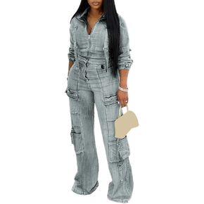 Tbahhir Womens 2 Piece Sets Denim Outfits Long Sleeve Crop Jean Jackets Cargo Pants with Pockets Y2k