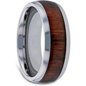 JUGLAN Domed Style Tungsten Carbide Wedding Ring with Exotic Black Walnut Wood Inlay and Polished Beveled Edges Comfort Fit Durable Wooden Wedding Band Rings - 8mm