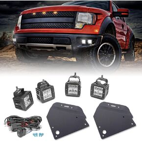 Dasen Front Bumper Foglamp Light Mount Brackets & 4x LED Fog Work Driving Lights Pods Compatible with Ford F150 SVT Raptor 2010-2014 1st Generation w/Wiring Kit