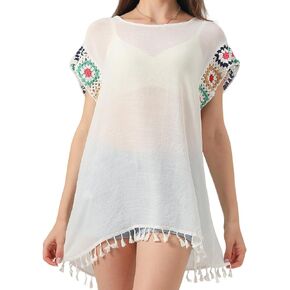 Bohemian Summer Dress for Women Boho Short Dress Floral Short Sleeve Sundress Casual Loose Tassel Beach Dress