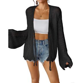 Bsubseach Womens Tie Front Crochet Cardigan Hollow Out Swimsuit Coverup Long Sleeve Knit Kimono Cardigans Beach Cover Up