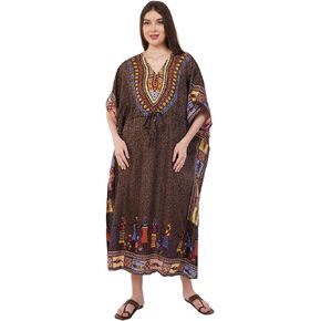 Divine threads Women African Print Kimono Cover Up V Neck Batwing Sleeve Plus Size Beach Kaftan Dresses Brown