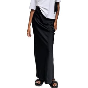 JUMISEE Women's Elegant Satin Silky High Waist Maxi Skirt Flowy A Line Long Skirt Zipper Bodycon Pencil Skirt