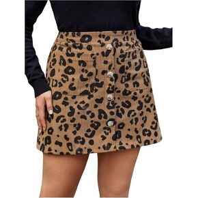 Floerns Women's Plus Size Leopard Print Short Skirts Button Front Corduroy A Line Skirts