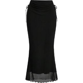 SOLY HUX Women's Mesh Tie Side Ruched Long Skirt Elastic Waist Bodycon Fishtail Skirts