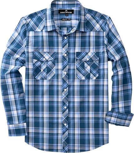 Men's Plaid Pearl Snap Button Shirts Casual Long Sleeve Checked Shirt Western Cowboy Shirts with Two Pockets for Work in Saudi Arabia