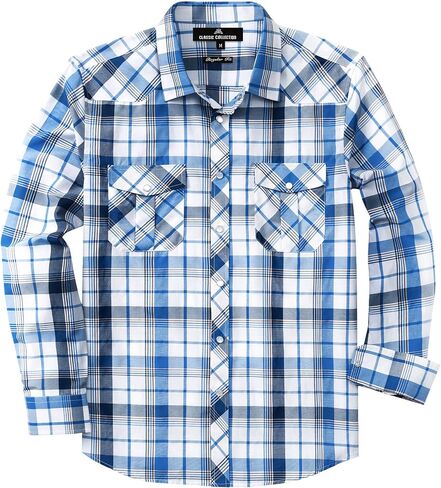 Men's Plaid Pearl Snap Button Shirts Casual Long Sleeve Checked Shirt Western Cowboy Shirts with Two Pockets for Work in Saudi Arabia