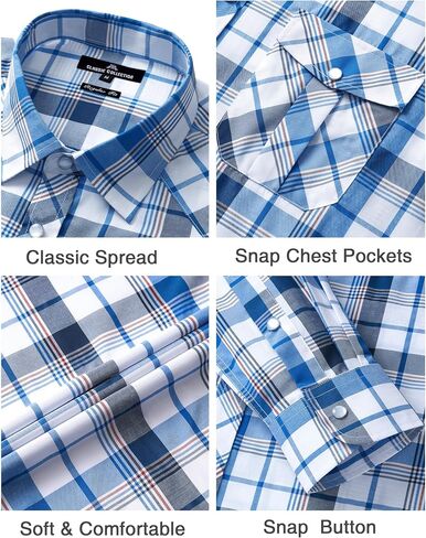 Men's Plaid Pearl Snap Button Shirts Casual Long Sleeve Checked Shirt Western Cowboy Shirts with Two Pockets for Work in Saudi Arabia